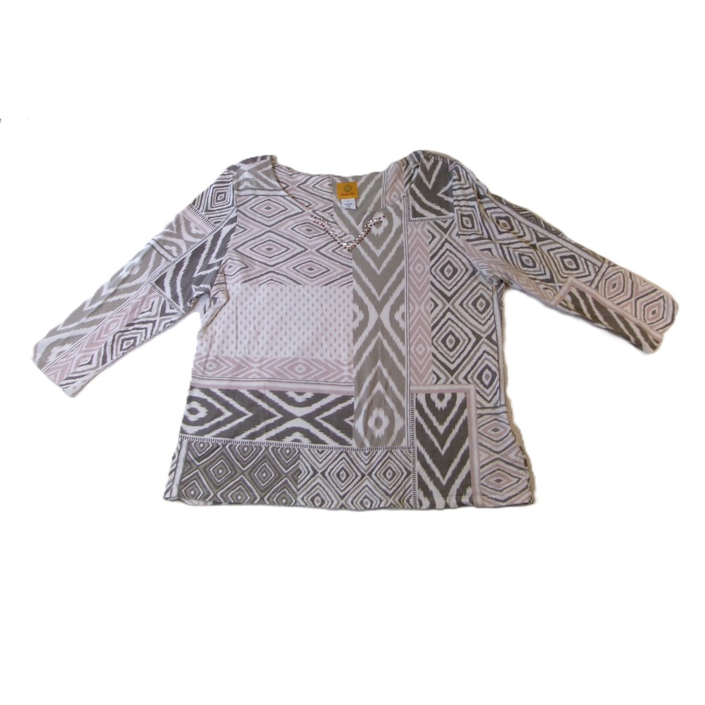 Ruby Rd Womens Geometric Ikat Patchwork Rhinestone V-Neck 3/4 Sleeve Top 81158 L
